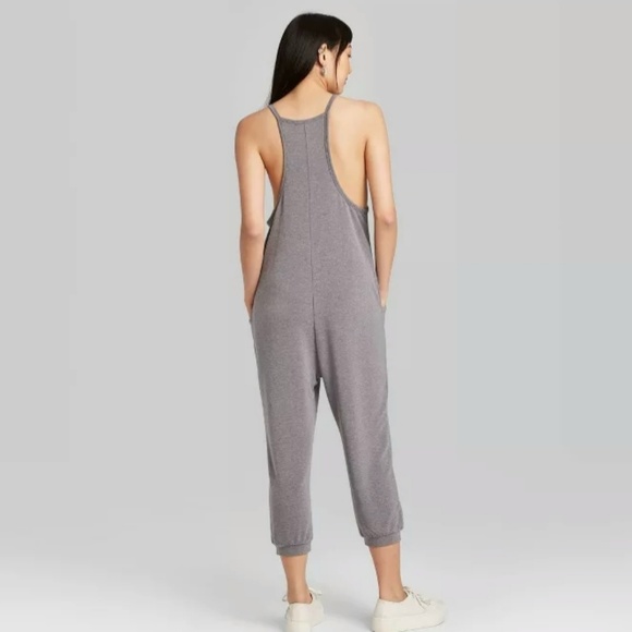 Women's Sleeveless V-Neck Gray Knit Jumpsuit - Picture 4 of 4